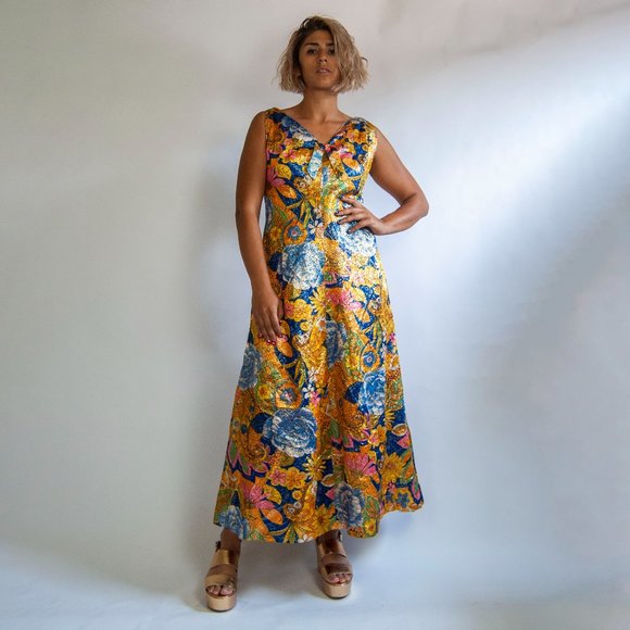 70s metallic floral dress l xl extra large / floral disco dress / formal event d - Picture 1 of 10